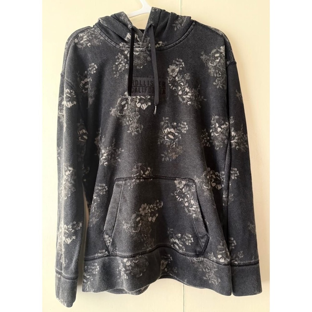 Hollister Mens XS Hoodie Washed Black Floral Print Pullover Logo Patch Fleece